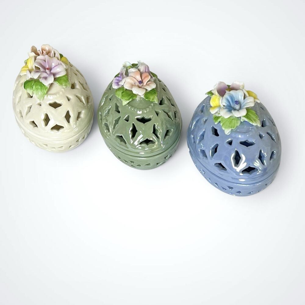 Vintage Porcelain Lusterware Trinket Dish Set 3 Filigree Egg Shaped Ceramic